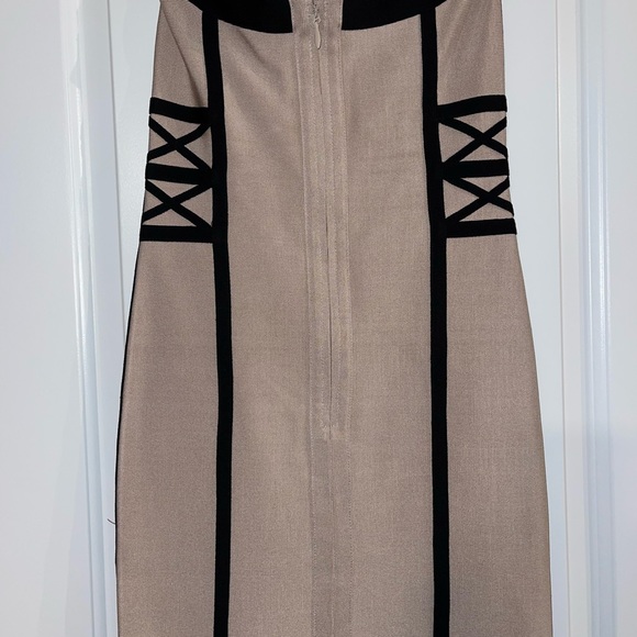 Strapless tan Bebe formal dress with black detail - Picture 4 of 5